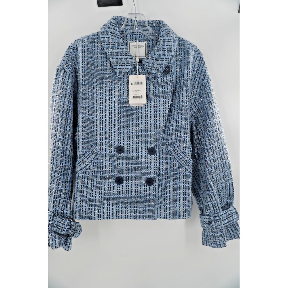 Belle & Bloom Power Over Me Blue Double Breasted Tweed Sparkle Jacket Sz L NWT